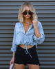 Women Fashion Casual Double Pocket Drawstring Hemline Loose Denim Shirt