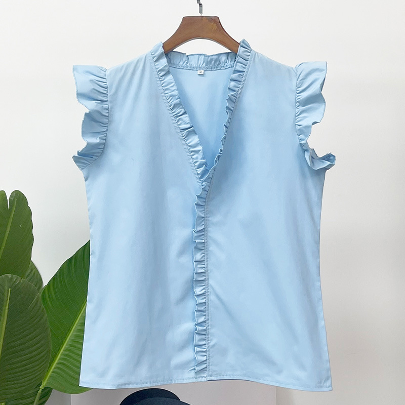 Summer Casual Women Short-Sleeved Solid Color V-Neck Ruffled Shirt Blouse