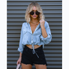 Women'S Fashion Casual Drawstring Lace-Up Cropped Long Sleeve Denim Shirt