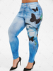 Women Fashion Casual Denim Color Butterfly Print Athleisure Leggings