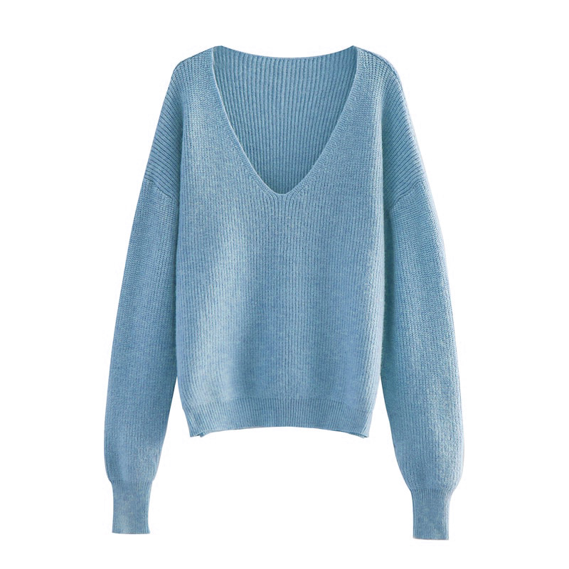 Women Fashion Solid Color Thickened Long-Sleeved Loose Lazy Style V-Neck Pullover Knitted Sweater