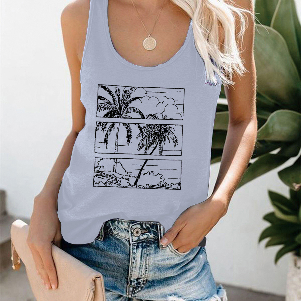 2 Pieces Women Casual Summer Vacation Large Size Coconut Tree Printing Tank Top