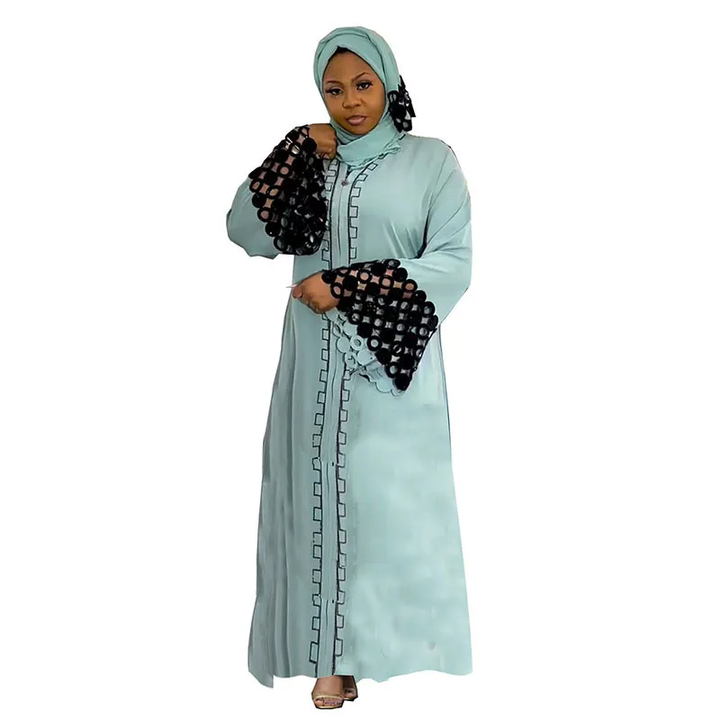 Women Loose Silk Fabric Lace Embellished Plus Size Abaya Turban 2-Pieces Set