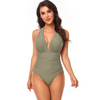 Women Simple Solid Color Shirring Halter Neck One-Piece Swimwear