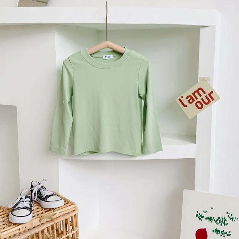 Kids Simple Solid Color Round Neck Long-Sleeved High Elastic T-Shirt