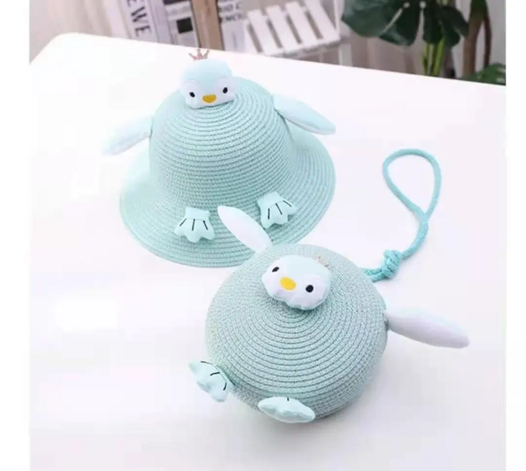 Children Kids Baby Fashion Girls Cartoon Penguin Woven Straw Shoulder Bag And Hat