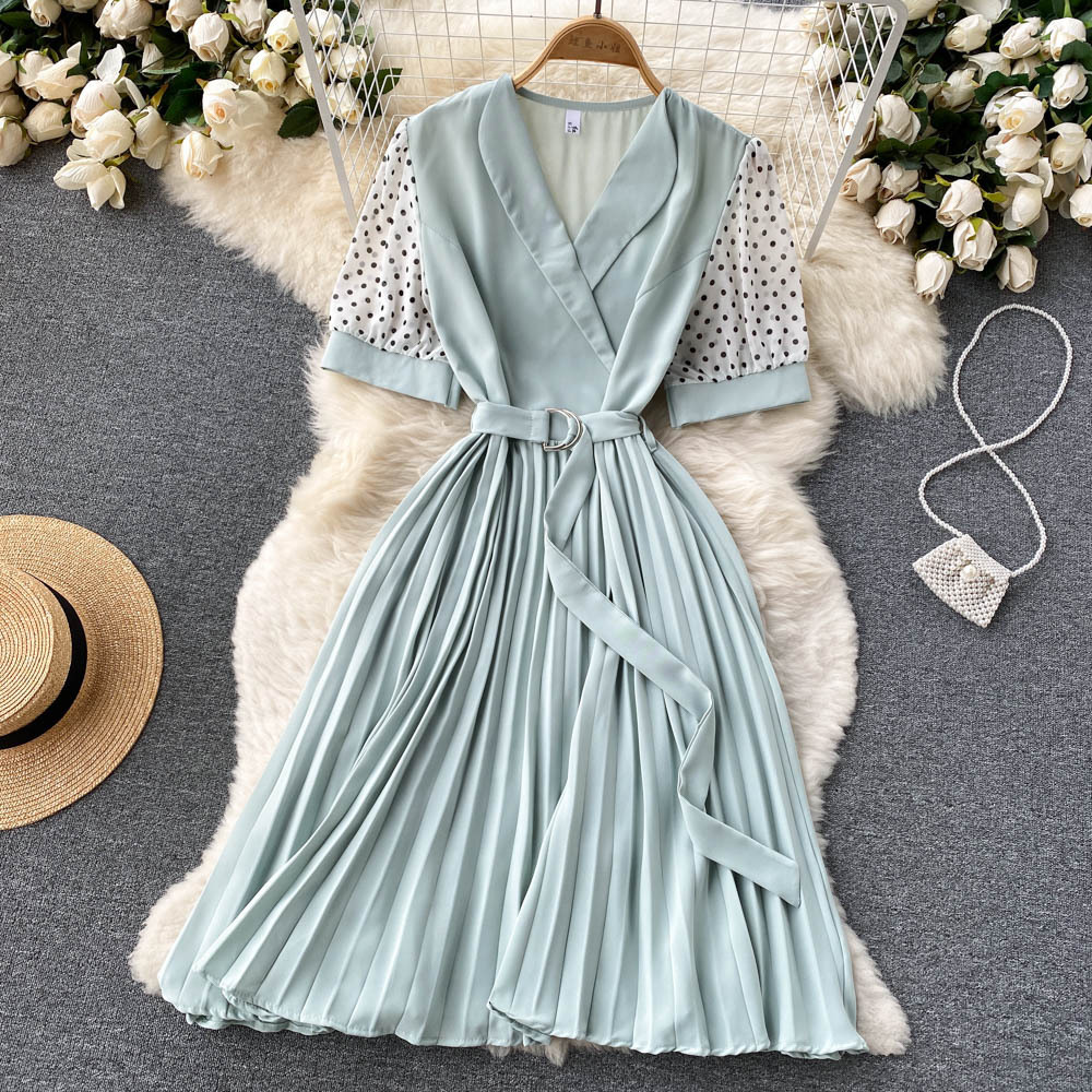 Women Casual Elegant Dot Printed Short Sleeves V-Neck Waist Belt Creased Mid-Length Dress