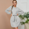 Women Autumn Elegant Office Work Round Neck Long Sleeve Solid Color Knitted Bandage Dress