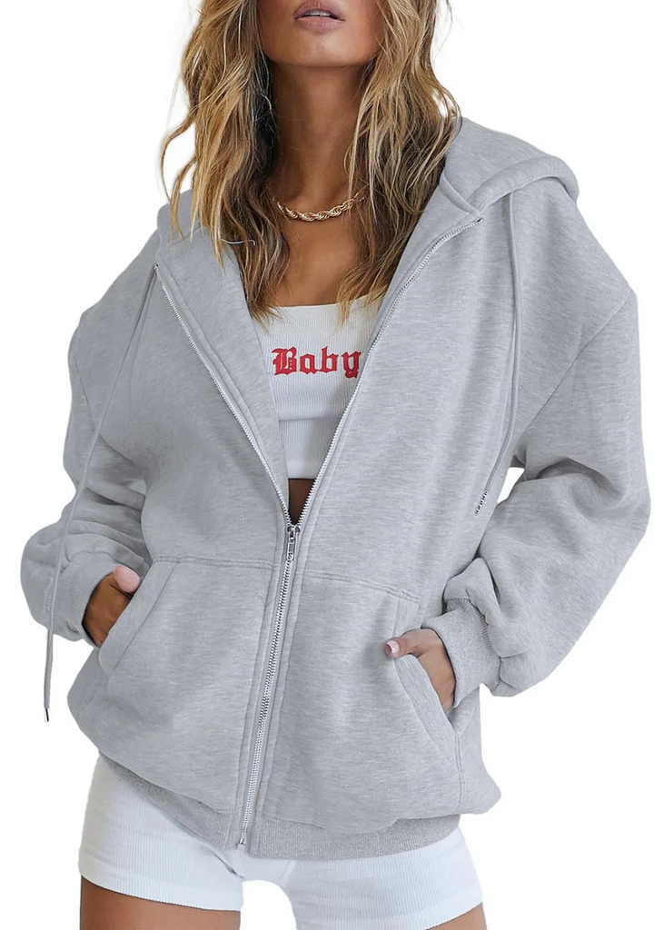 (Buy 1 Get 1) Women Casual Loose Zipper Long Sleeve Hooded Sweatshirt Jacket