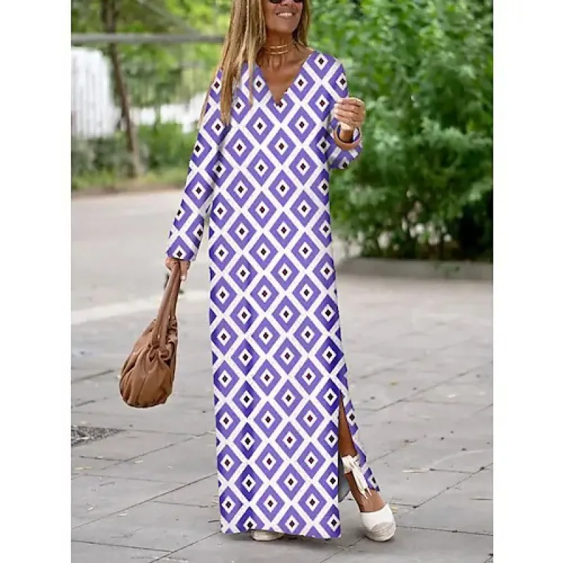 Ramadan /Eid Women Casual Boho Style Geometry Print Long Sleeve V Neck Side Slit Maxi Dress