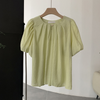 Summer Sweet Women Loose Round Neck Solid Color Puff Sleeve Blouse