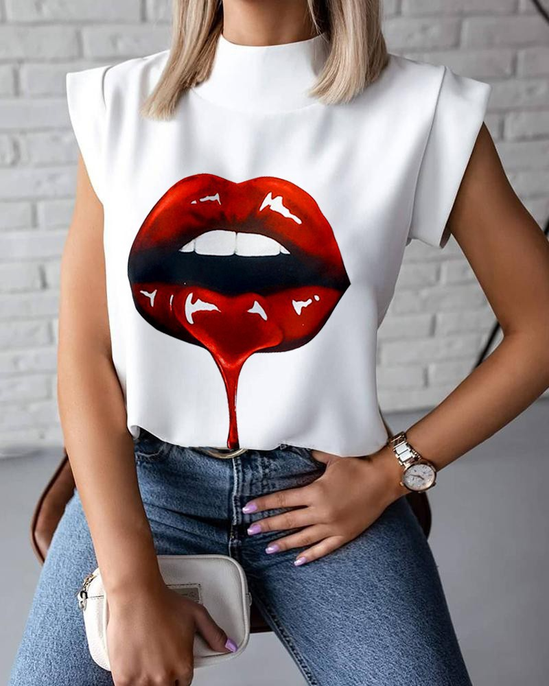 Women'S Simple Short Sleeve Stand Collar Lip Print Blouse