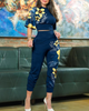 Women Fashion Elegant Flare Short Sleeve Blouse And Pants Solid Color Office Chic Set