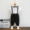 Kids Toddler Big Boys Fashion Casual British Style Bow Stripe Shirt Suspender Trousers Boys Party Clothing Set