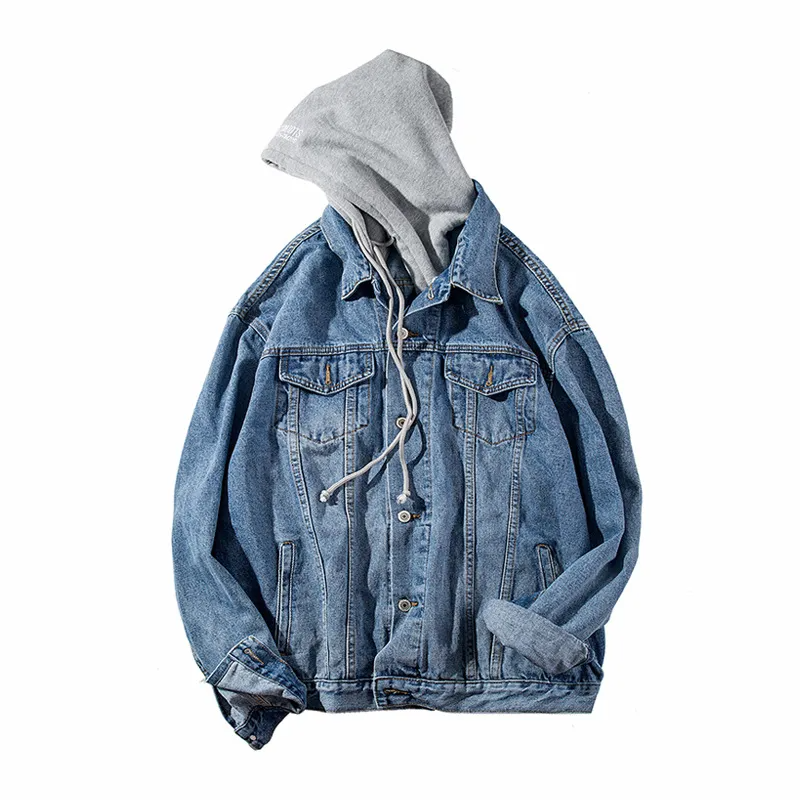 Men Casual Lapel Long Sleeve Single Breasted Loose Hooded Denim Jacket