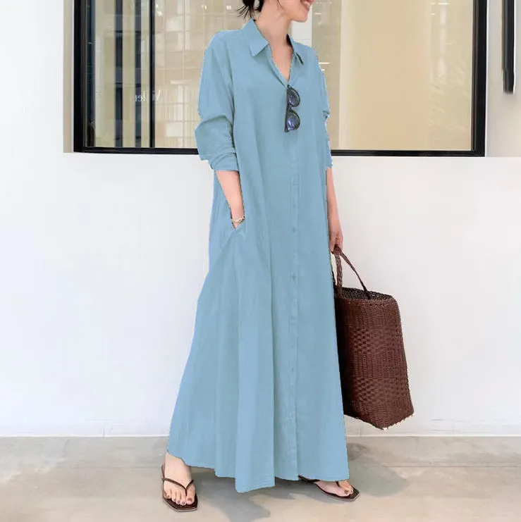 (Buy 1 Get 1) Casual Ramadan /Eid Women Solid Color Lapel Long Sleeve Pocket Simple Shirt Maxi Dress