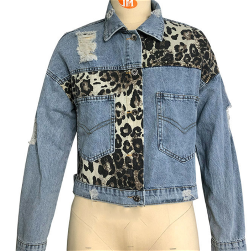 Women Autumn Casual Vintage Patchwork Leopard Loose Denim Jacket Top