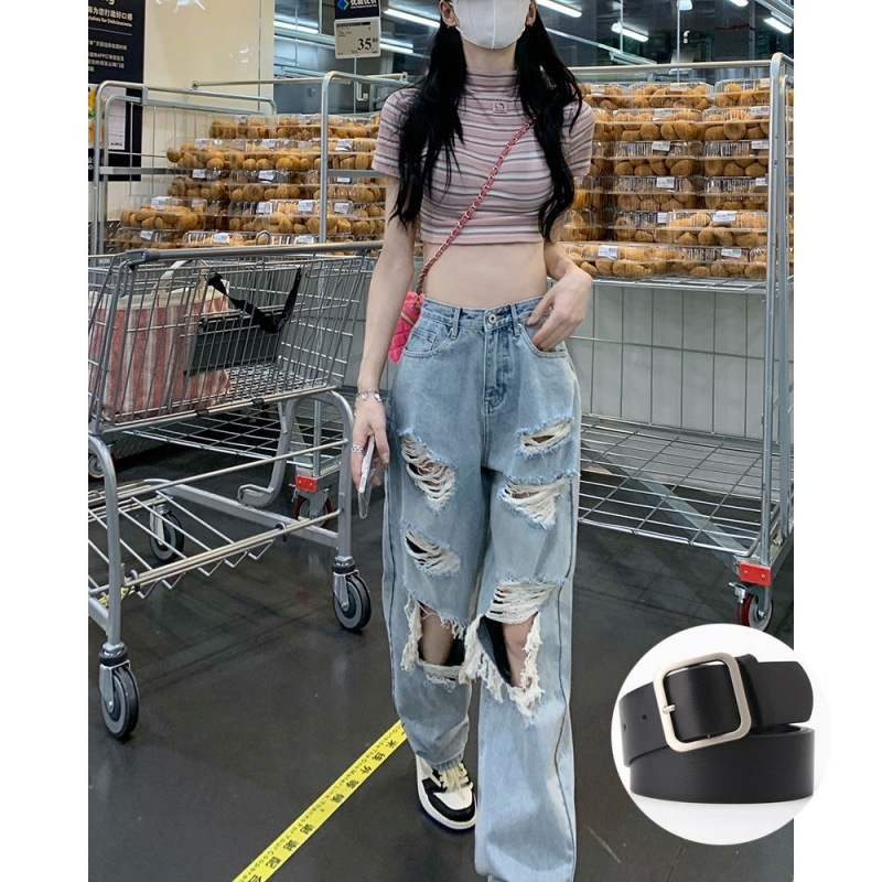 Women'S Loose Casual High Waist Fashion Ripped Straight Jeans