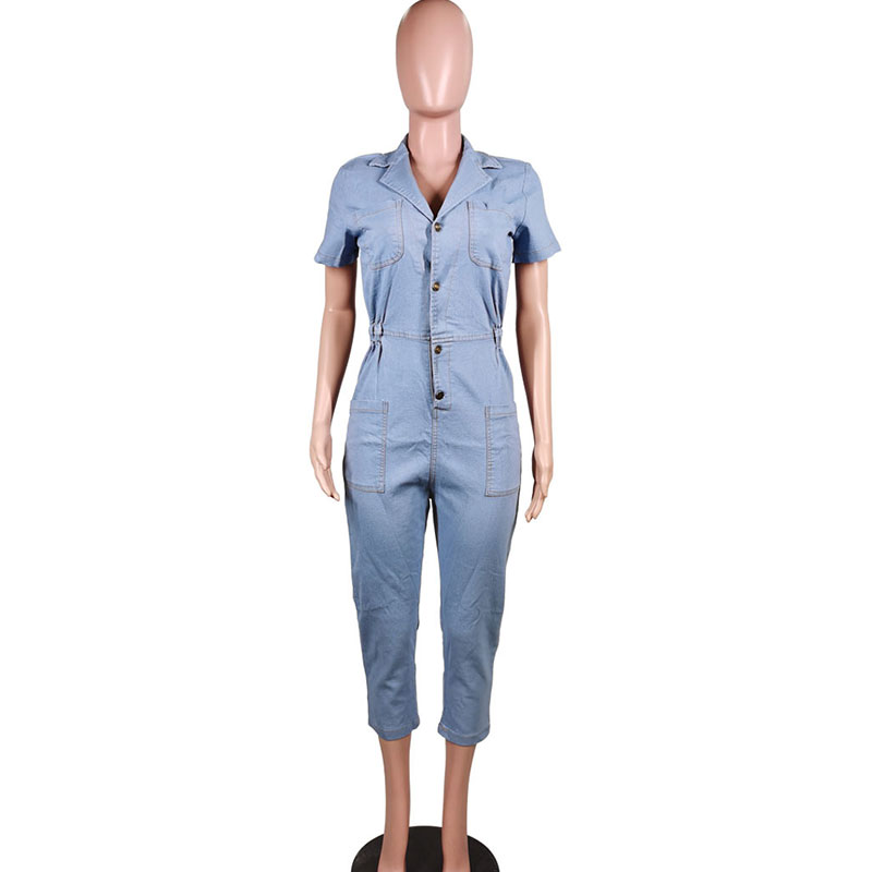 Women Fashion Pocket Design Single-Breasted Seven Points Cropped Jumpsuits