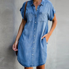 Women Lapel Single-Breasted Short Sleeve Denim Dress