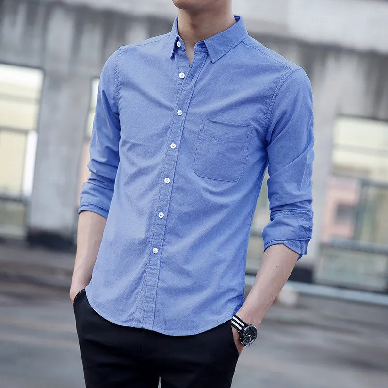 Men Casual Solid Color Single Breasted Lapel Long Sleeve Slim Shirt