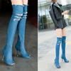 Women Solid Color Denim Open Toe Over The Knee Boots