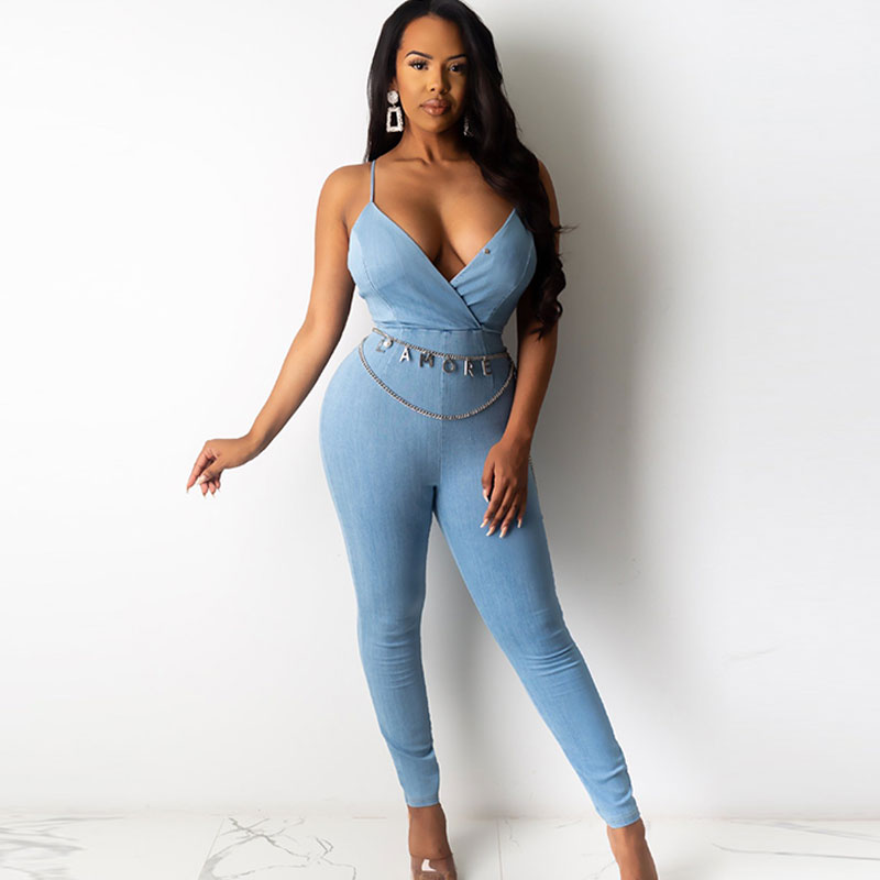 Sexy Backless Patchwork Denim Sling Jumpsuits