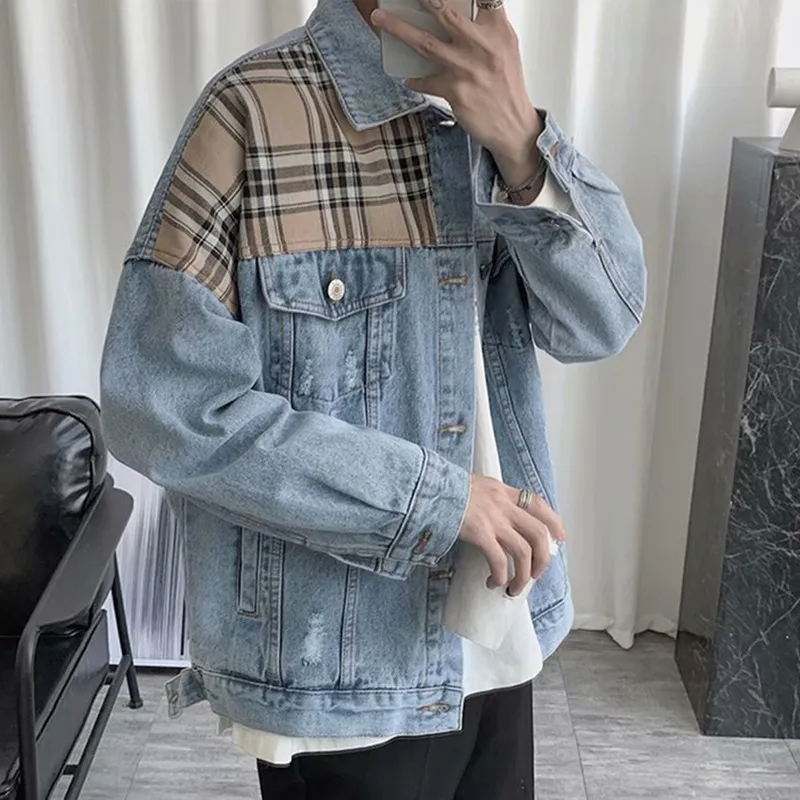 Men Casual Lapel Loose Stitching Denim Jacket