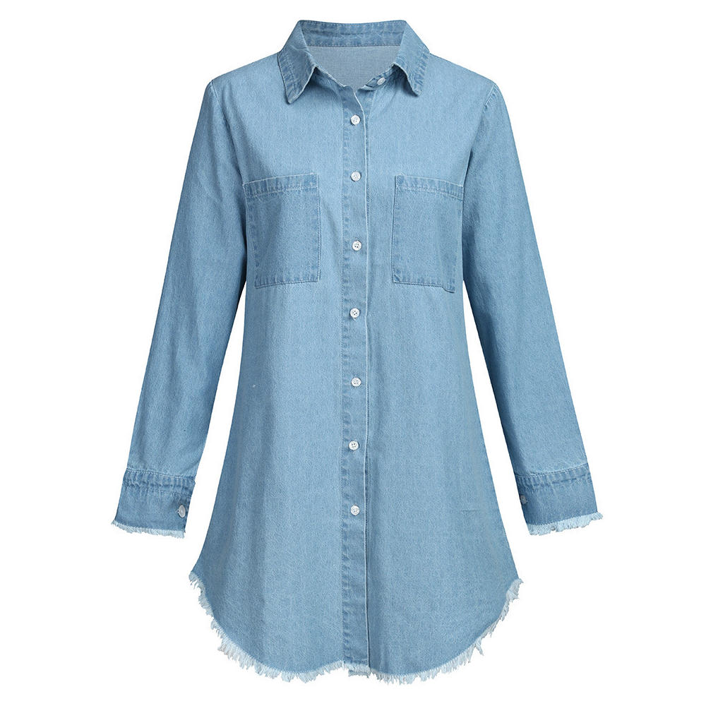 Women Fashion Lapel Long-Sleeve Tassel Denim Blouse