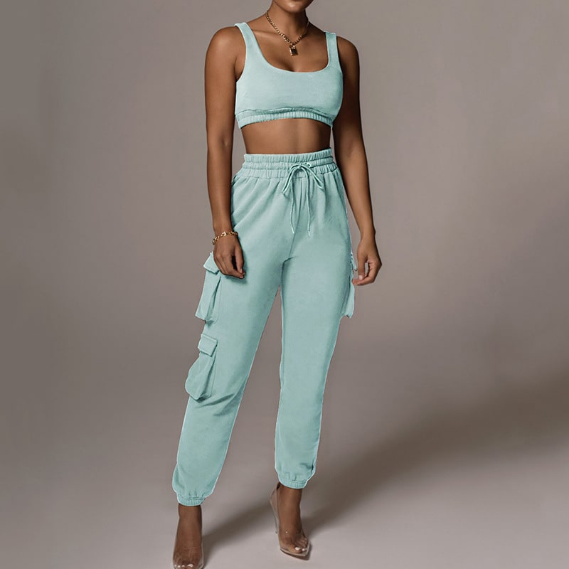 Women Fashion Sport Solid Color Tank Top And Pants Two Pieces Set