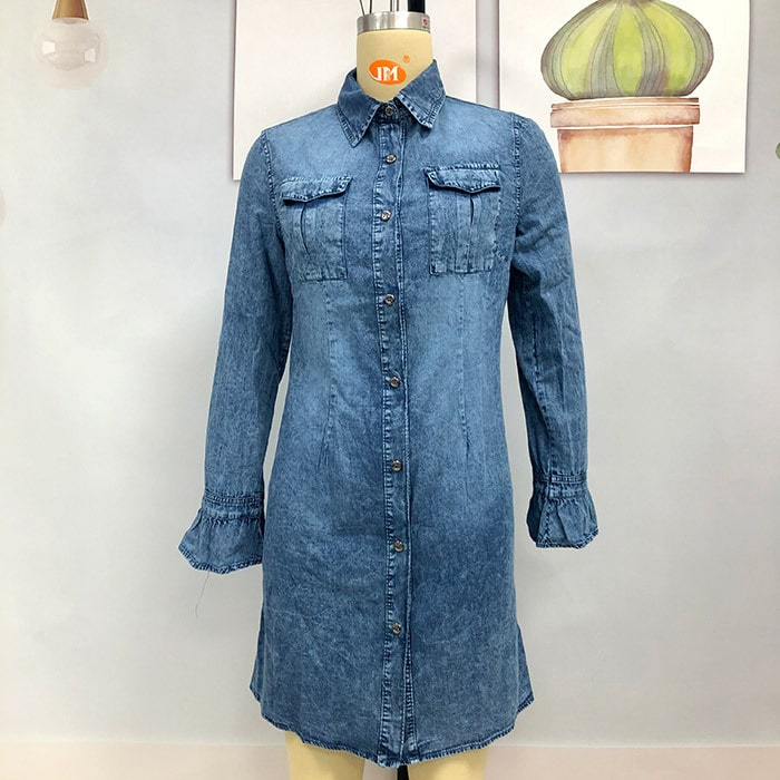 Women Sexy Autumn Casual Solid Color Lapel Single-Breasted Long Sleeve Denim Dress