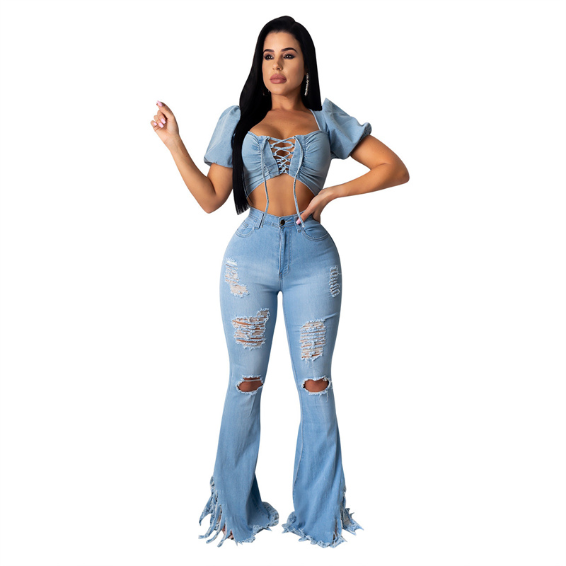 Women Mid-Waist Creative Cut Out Tassels Raw Hem Ripped Flare Jeans