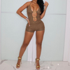 Women Solid Color Fashion Strap Halter Neck Backless Ring Hollow Sexy Rompers