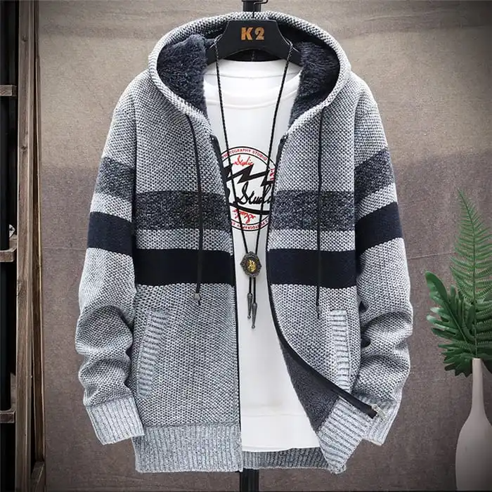 Men Fashion Color Blocking Zipper Hooded Knitwear Coat