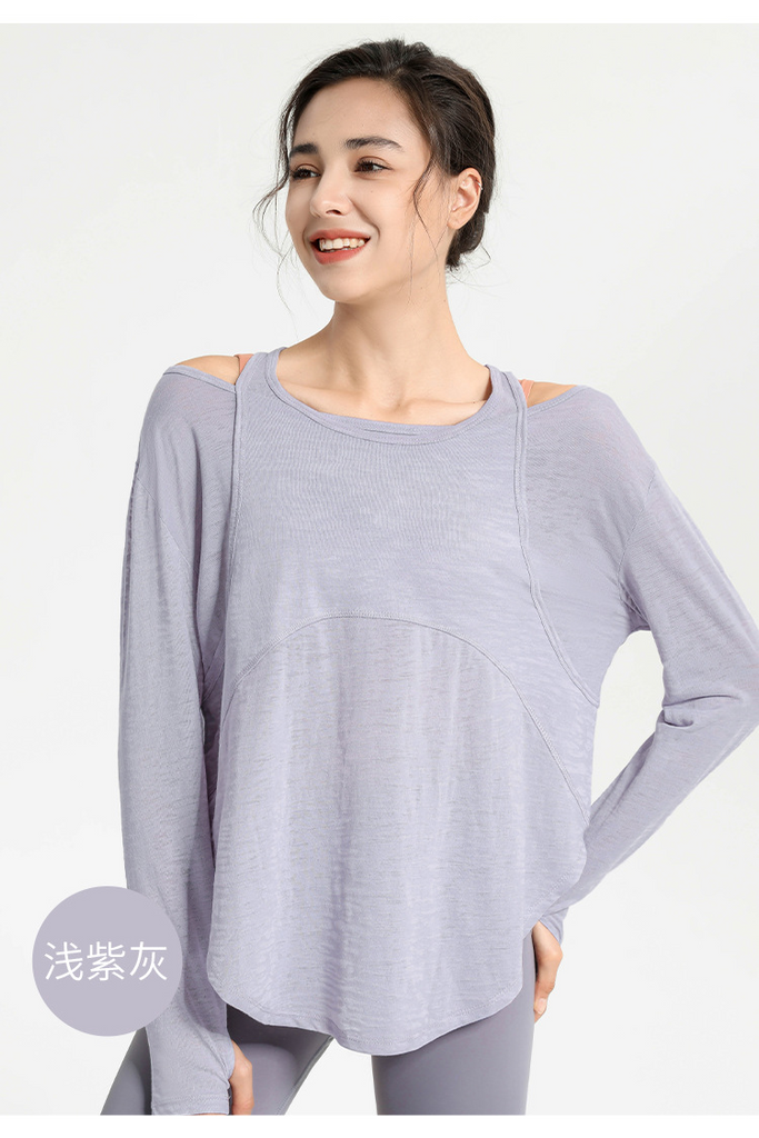 Women Casual Loose Solid Color Round Neck Long Sleeve Sports Top