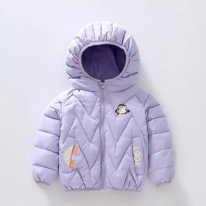 Kids Penguin Pattern Letter Printed Hooded Quilted Jacket