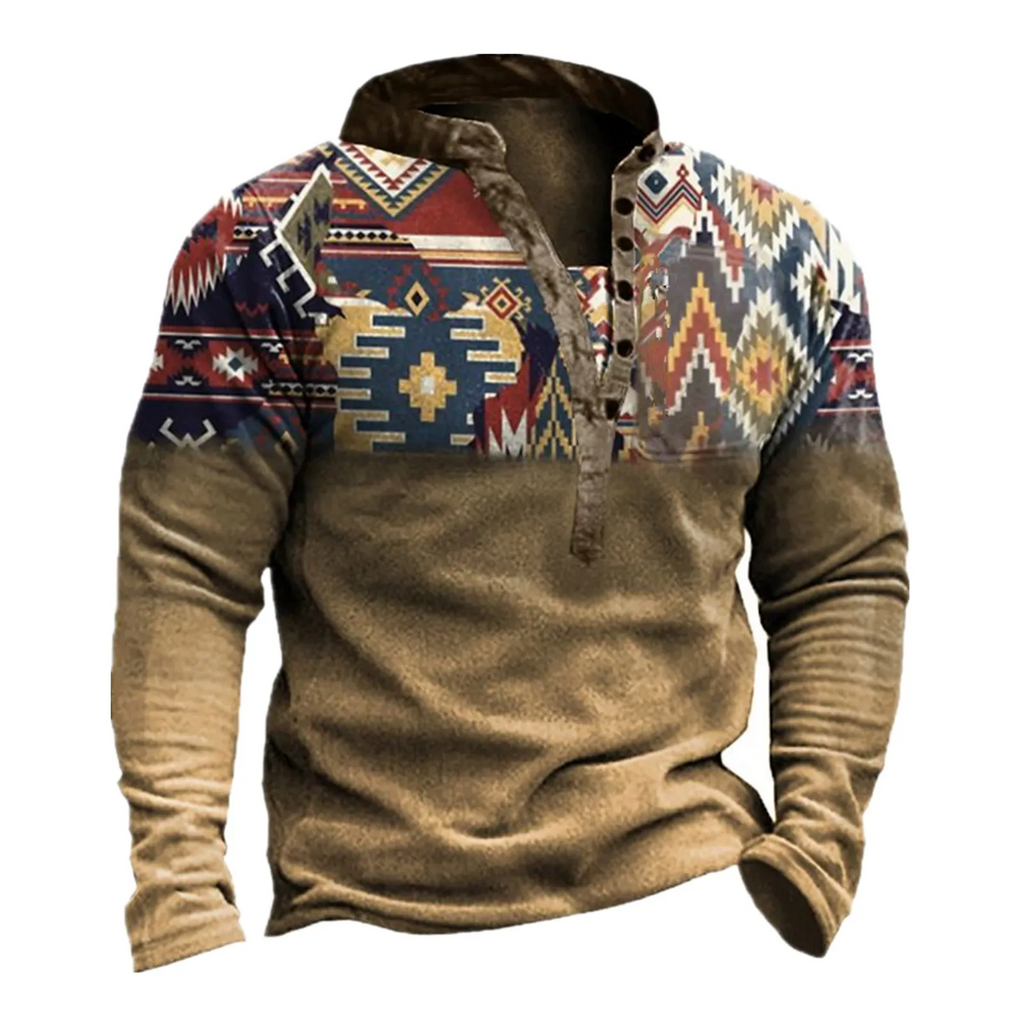 Men Ethnic Vintage Printed Long Sleeve Polo Shirt