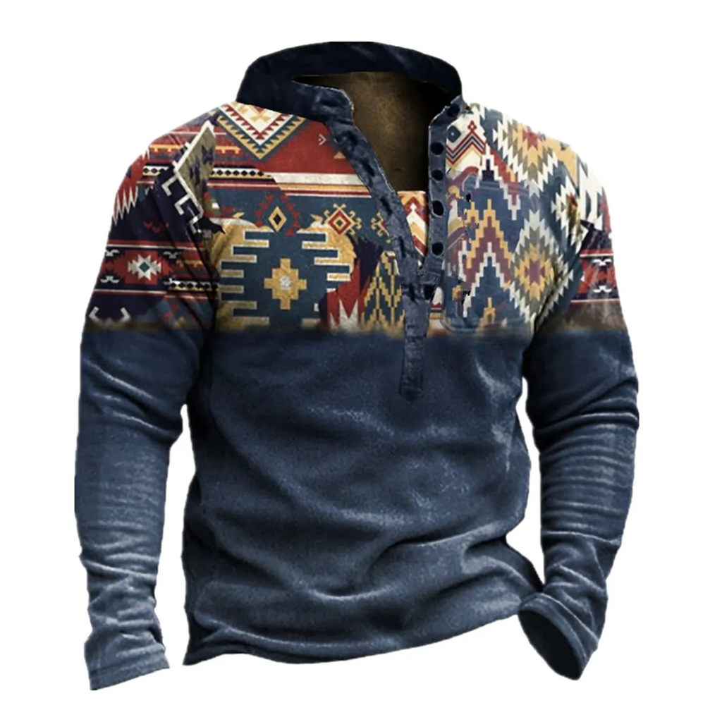 Men Ethnic Vintage Printed Long Sleeve Polo Shirt