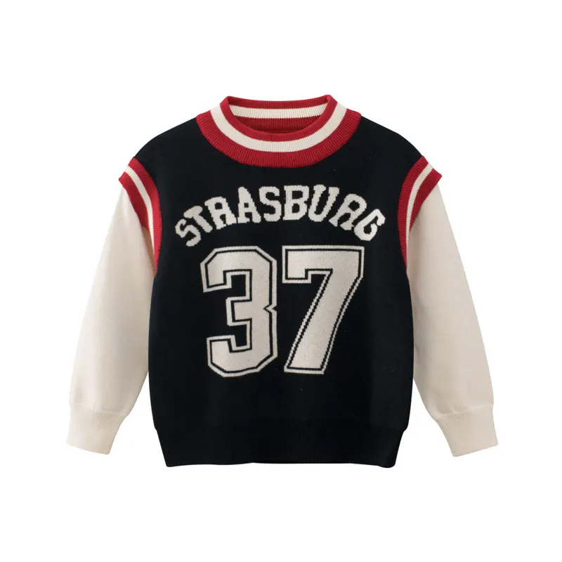 Boys Sporty Round Neck Long Sleeve Fake Two-Piece Knitwear