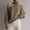 Women Casual Leopard Pattern Color Matching Turtleneck Off-The-Shoulder Knitted Sweater