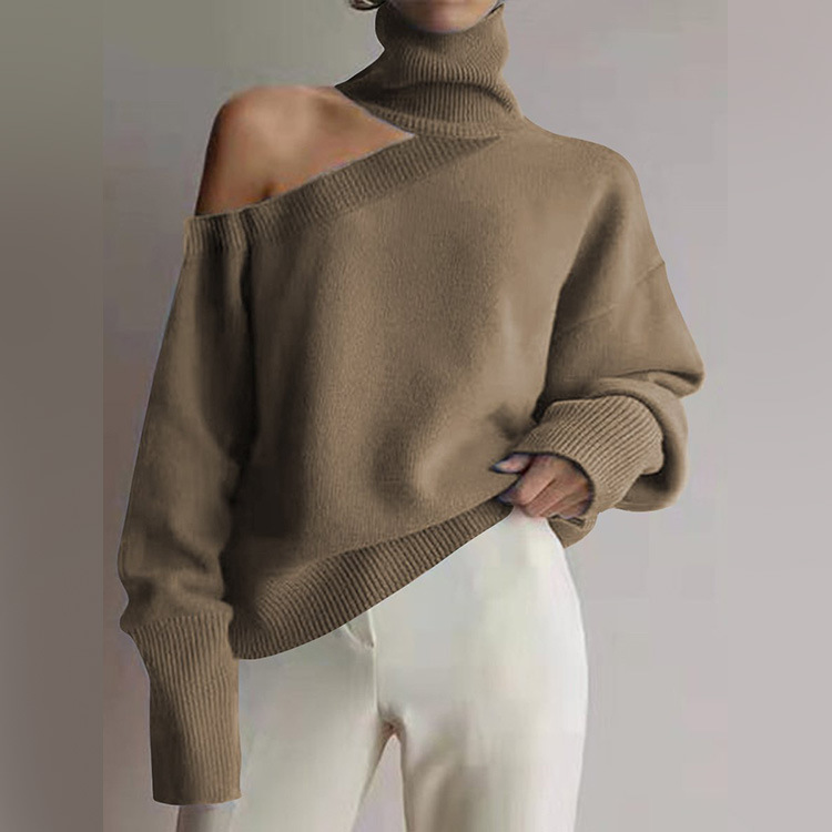 Women Casual Leopard Pattern Color Matching Turtleneck Off-The-Shoulder Knitted Sweater