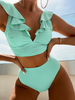 Women'S Sexy Solid Color Pleated Lace Double Strap Button Up Swimsuit Two-Piece Set