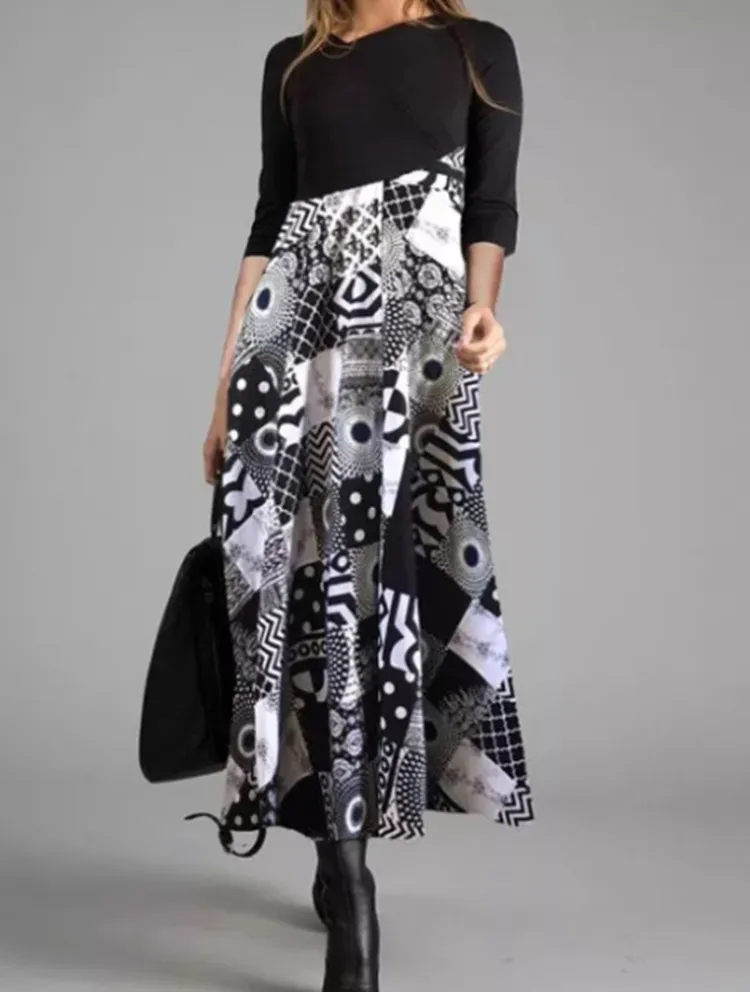 Women Ramadan /Eid Fashion Casual Print Round Neck Long Sleeve Maxi Dress