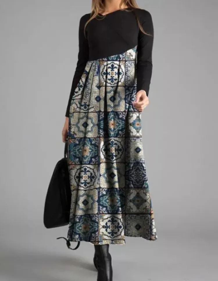 Women Ramadan /Eid Fashion Casual Print Round Neck Long Sleeve Maxi Dress