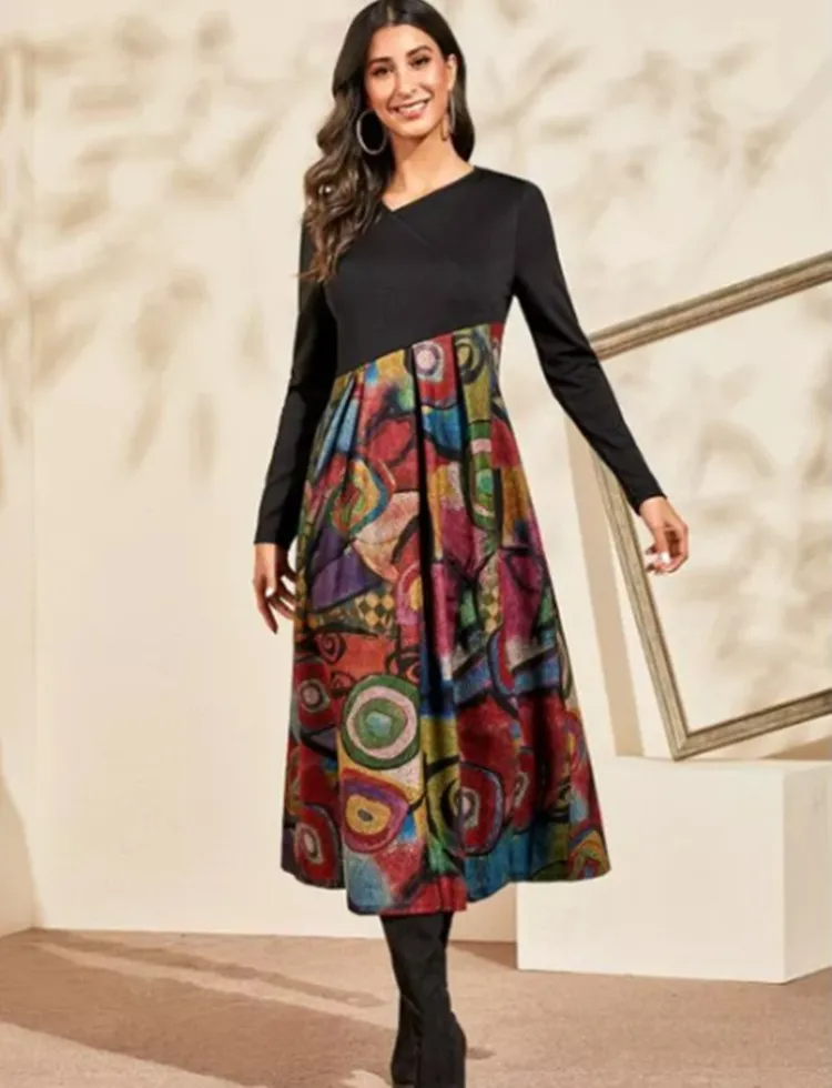 Women Ramadan /Eid Fashion Casual Print Round Neck Long Sleeve Maxi Dress