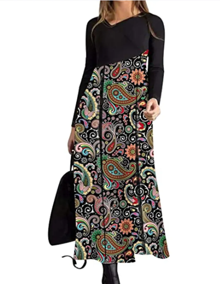 Women Ramadan /Eid Fashion Casual Print Round Neck Long Sleeve Maxi Dress