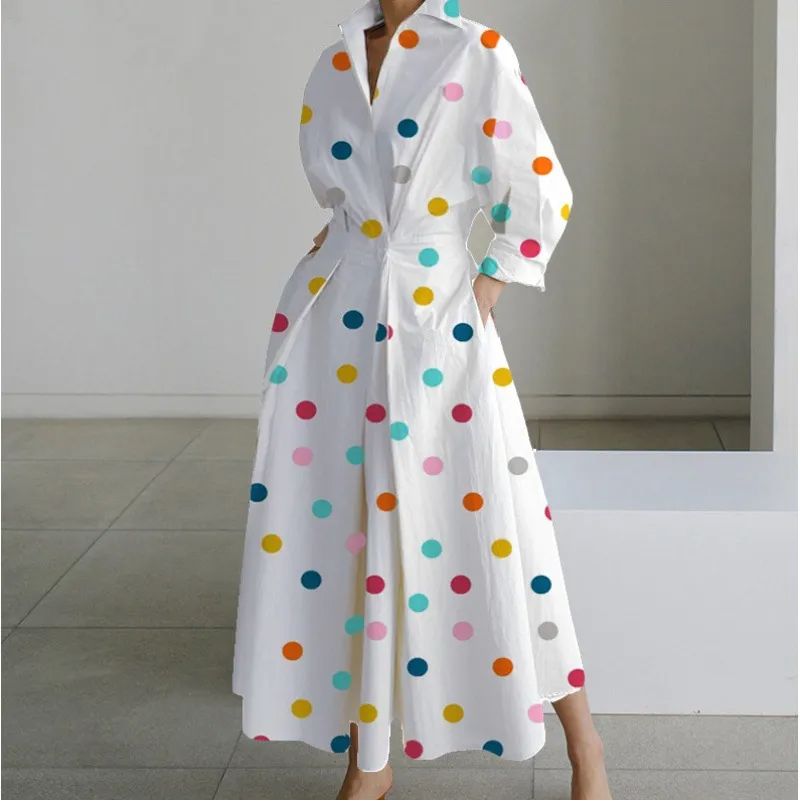 Women Ramadan /Eid Fashion Long Sleeve V-Neck Dot Print Long Sleeve Dress