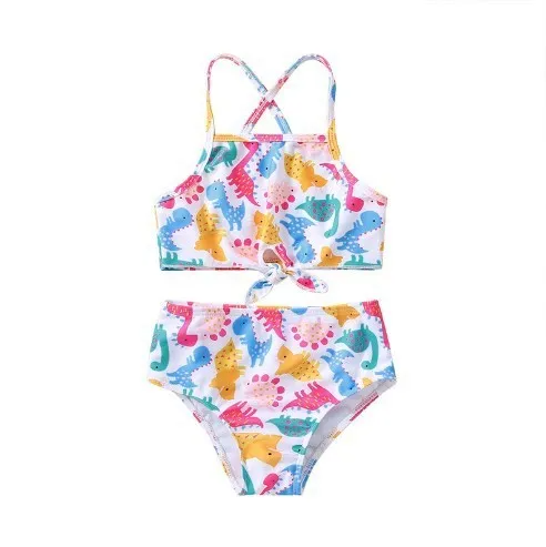 Children Kids Baby Fashion Girls Cute Multicolor Dinosaur Print Split Swimsuit 2pcs Set