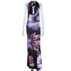 Women Elegant Summer Vacation Backless Halter Neck Floral Printing Sexy Drop Collar Boho Maxi Dress