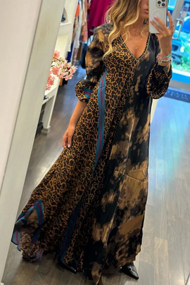 Ramadan /Eid Women Casual Loose V-Neck Leopard Print Long Sleeve Maxi Dress